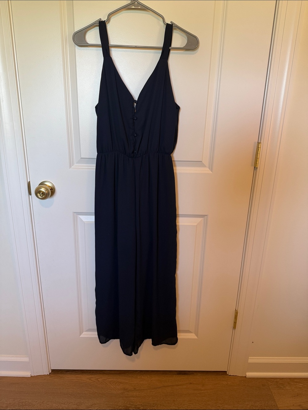Sienna Sky Navy Cropped Wide-Leg Jumpsuit with Button Front